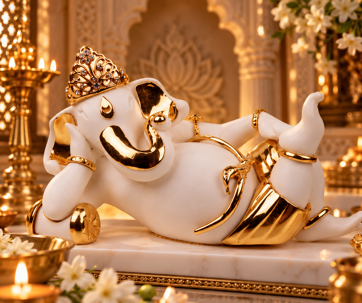 Shurpa Karna Ganesh Idol - White in Resin and Gold Plated