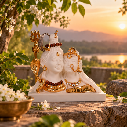 Shiva and Parvati Idol - Small White in Resin and Gold Plated