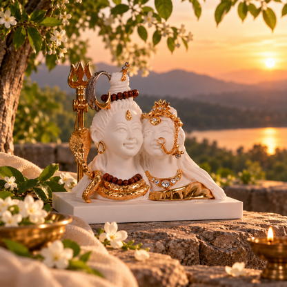 Shiva and Parvati Idol - Small White in Resin and Gold Plated
