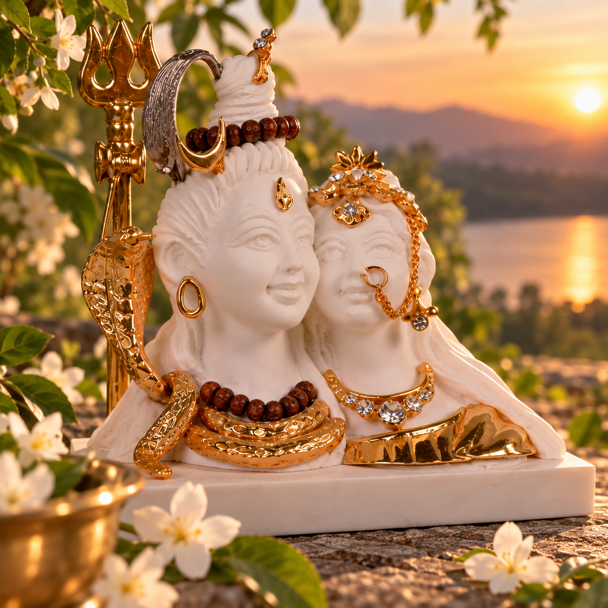 Shiva and Parvati Idol - Small White in Resin and Gold Plated