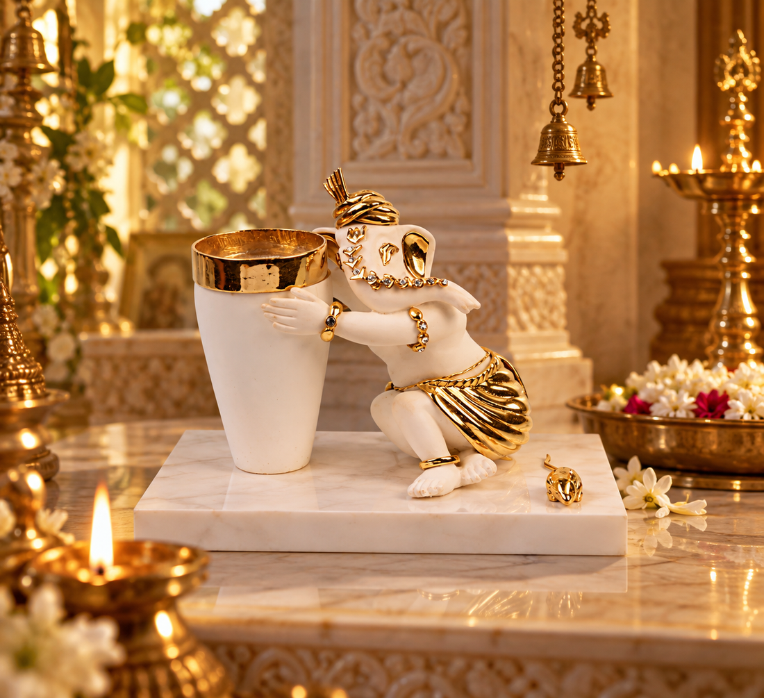 Vakratunda Ganesh Idol - White in Resin and Gold Plated