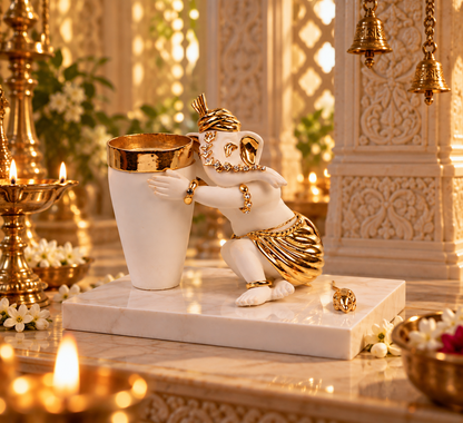 Vakratunda Ganesh Idol - White in Resin and Gold Plated