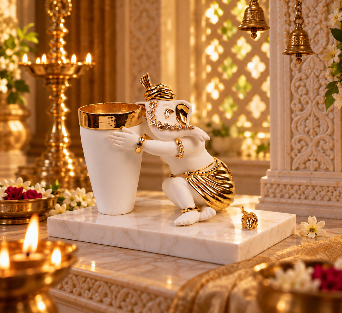 Vakratunda Ganesh Idol - White in Resin and Gold Plated
