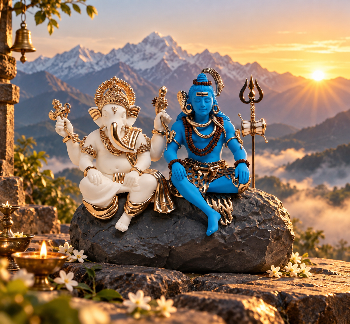 Shiv and Ganesh Idol - White and Blue in Resin and Gold Plated