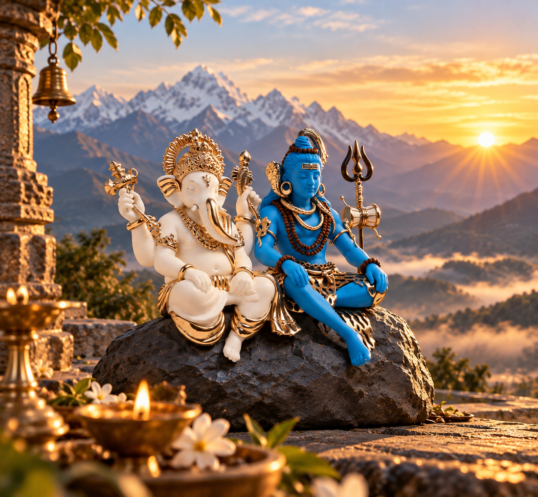 Shiv and Ganesh Idol - White and Blue in Resin and Gold Plated