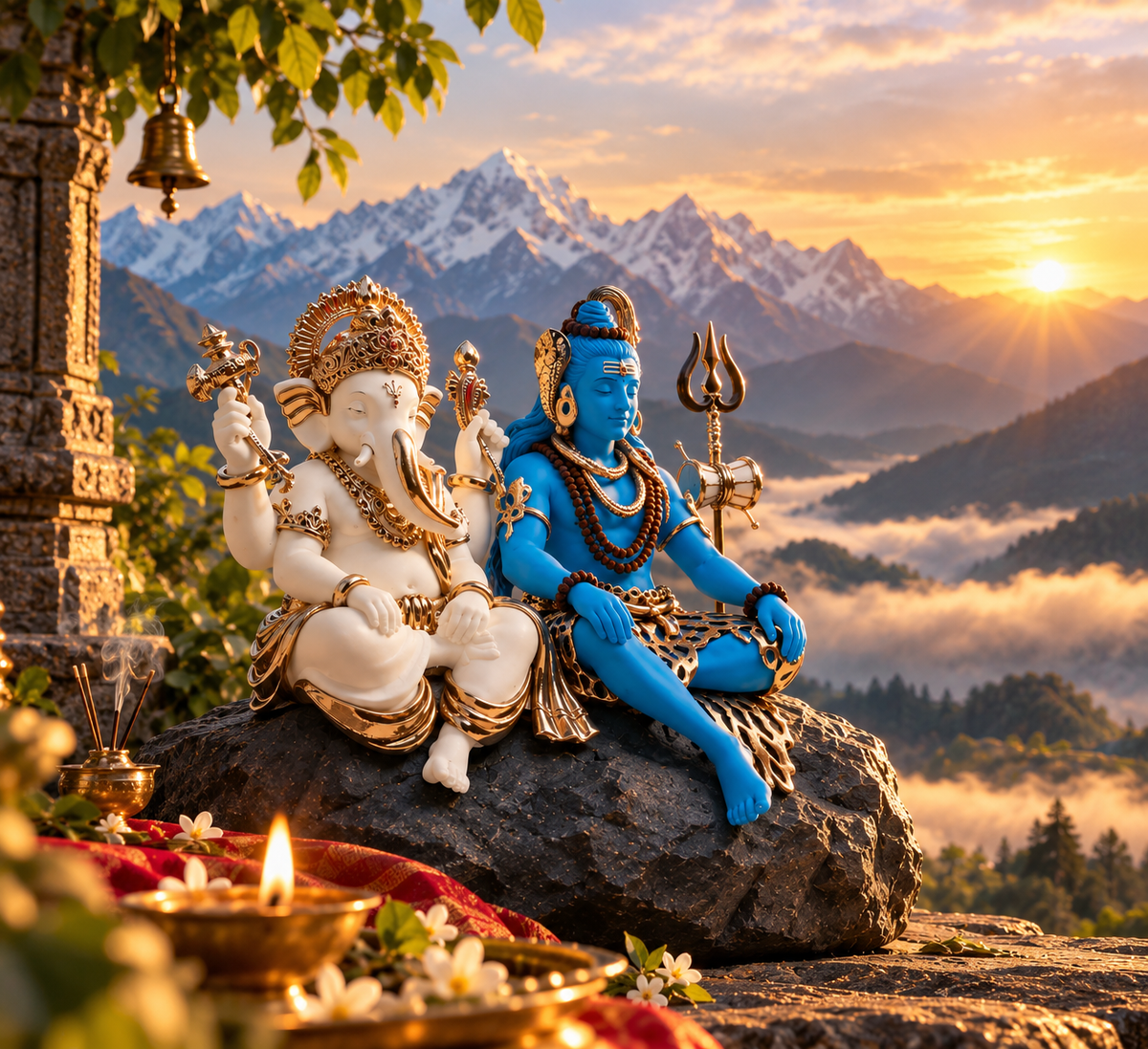 Shiv and Ganesh Idol - White and Blue in Resin and Gold Plated