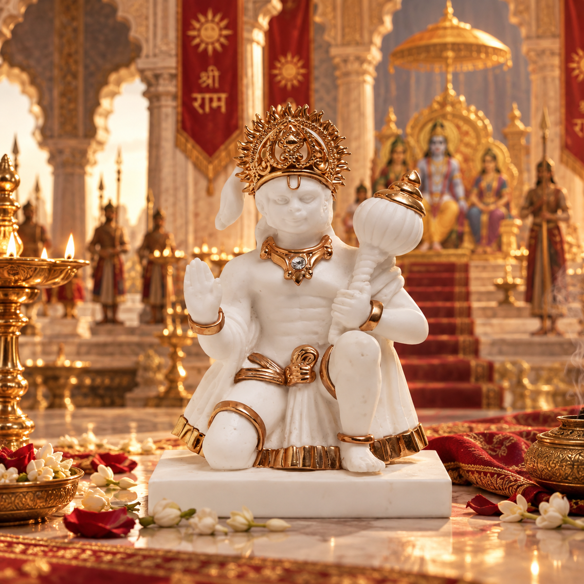 Hanuman Idol - Medium White In Resin and Gold Plated