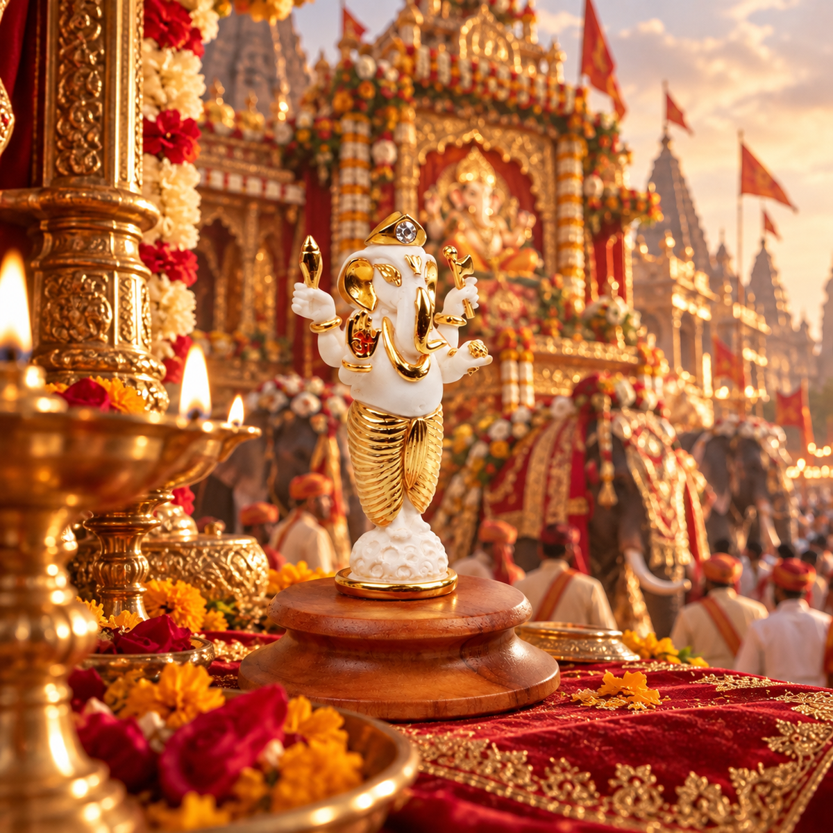 Vinayak Ganesh Idol - White in Resin and Gold Plated