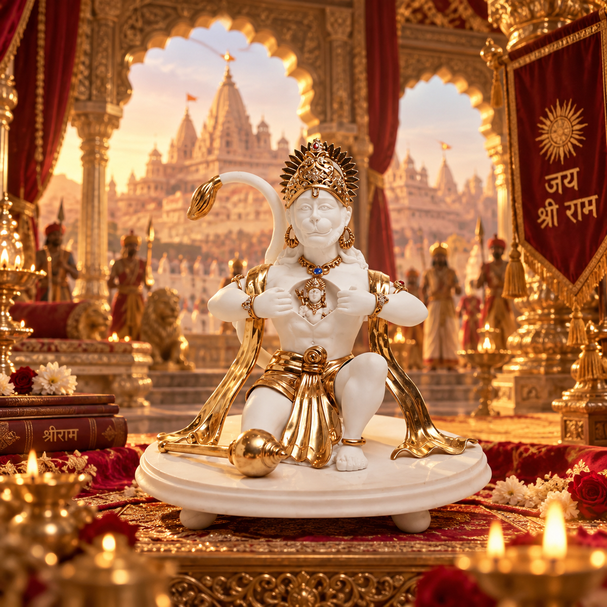 Rambhakt  Hanuman Idol - White in Resin and Gold Plated