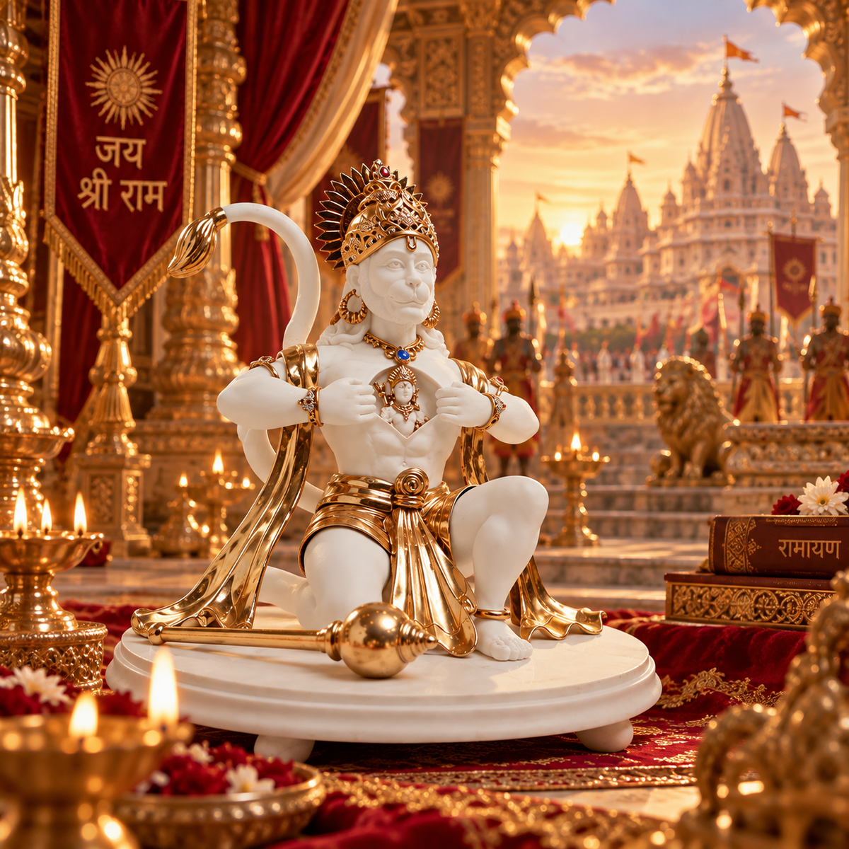 Rambhakt  Hanuman Idol - White in Resin and Gold Plated