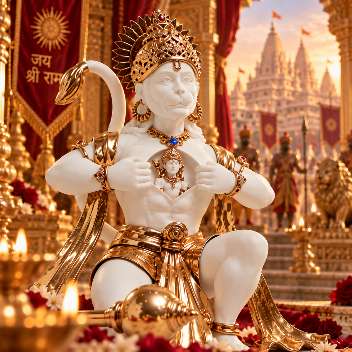 Rambhakt  Hanuman Idol - White in Resin and Gold Plated