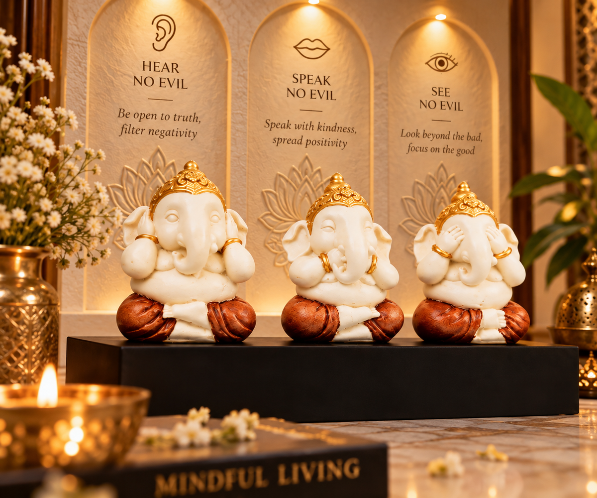 Trigajanana Ganesha Idol - Beige in Composite Marble