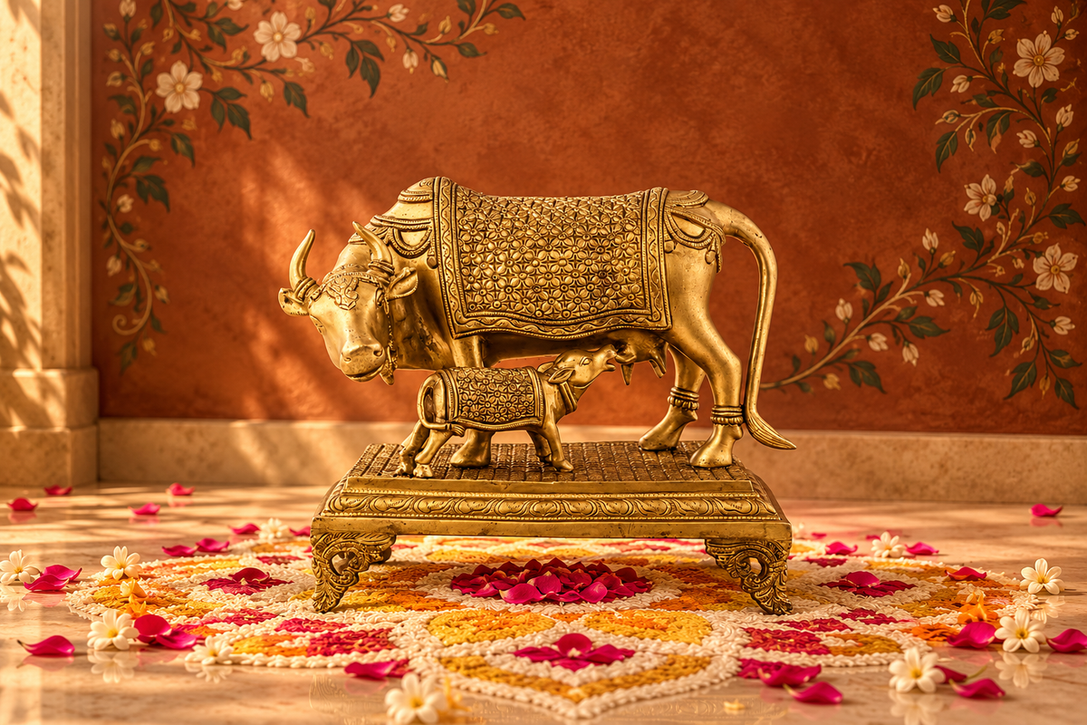 Kamdhenu Cow with Bachda - Brass