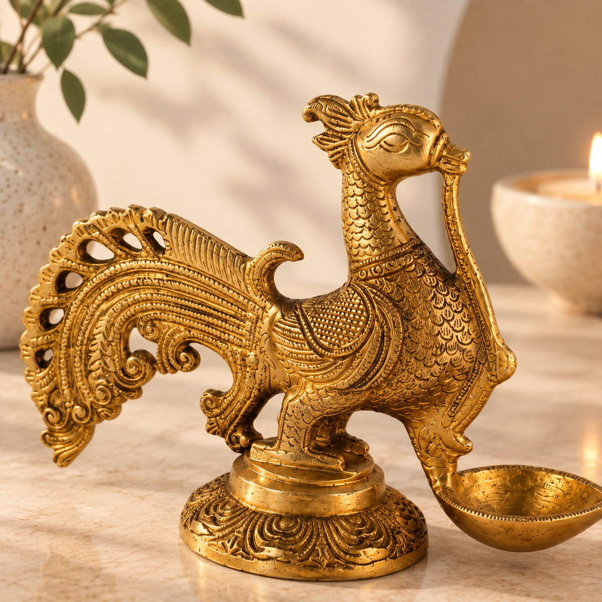 Peacock Aarti Diya - Brass