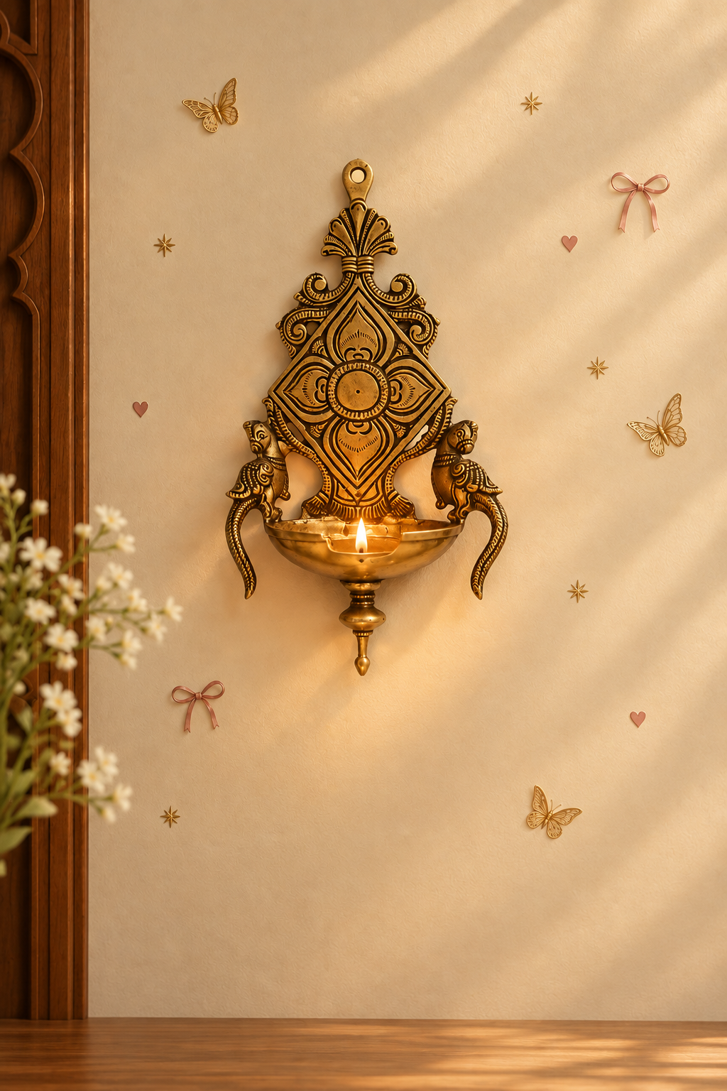 Twin Parrot - Wall Diya in Brass