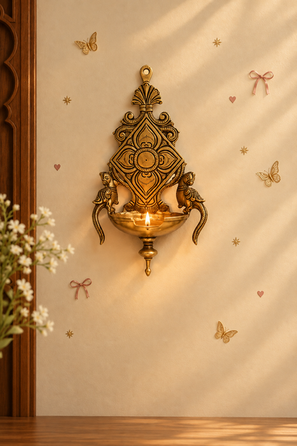 Twin Parrot - Wall Diya in Brass