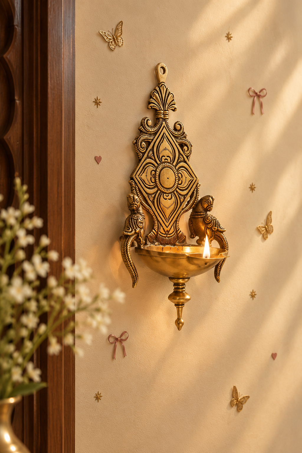 Twin Parrot - Wall Diya in Brass