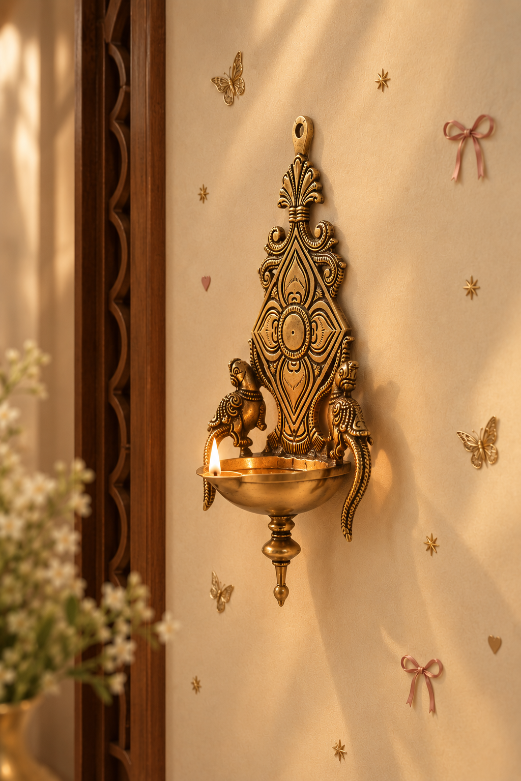 Twin Parrot - Wall Diya in Brass