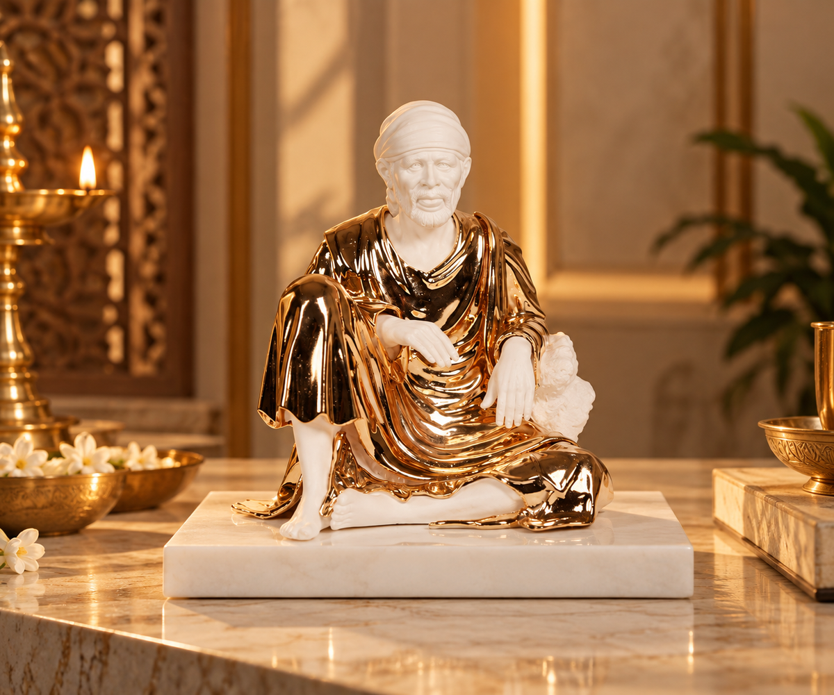 Sitting Sai Baba Idol - White in Resin and Gold Plated