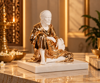 Sitting Sai Baba Idol - White in Resin and Gold Plated