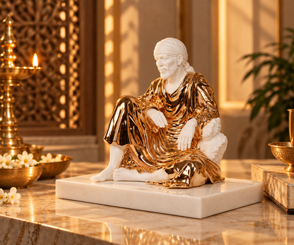 Sitting Sai Baba Idol - White in Resin and Gold Plated