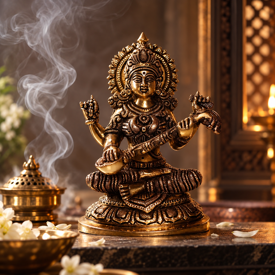 Saraswati Idol - Oval Base in Brass