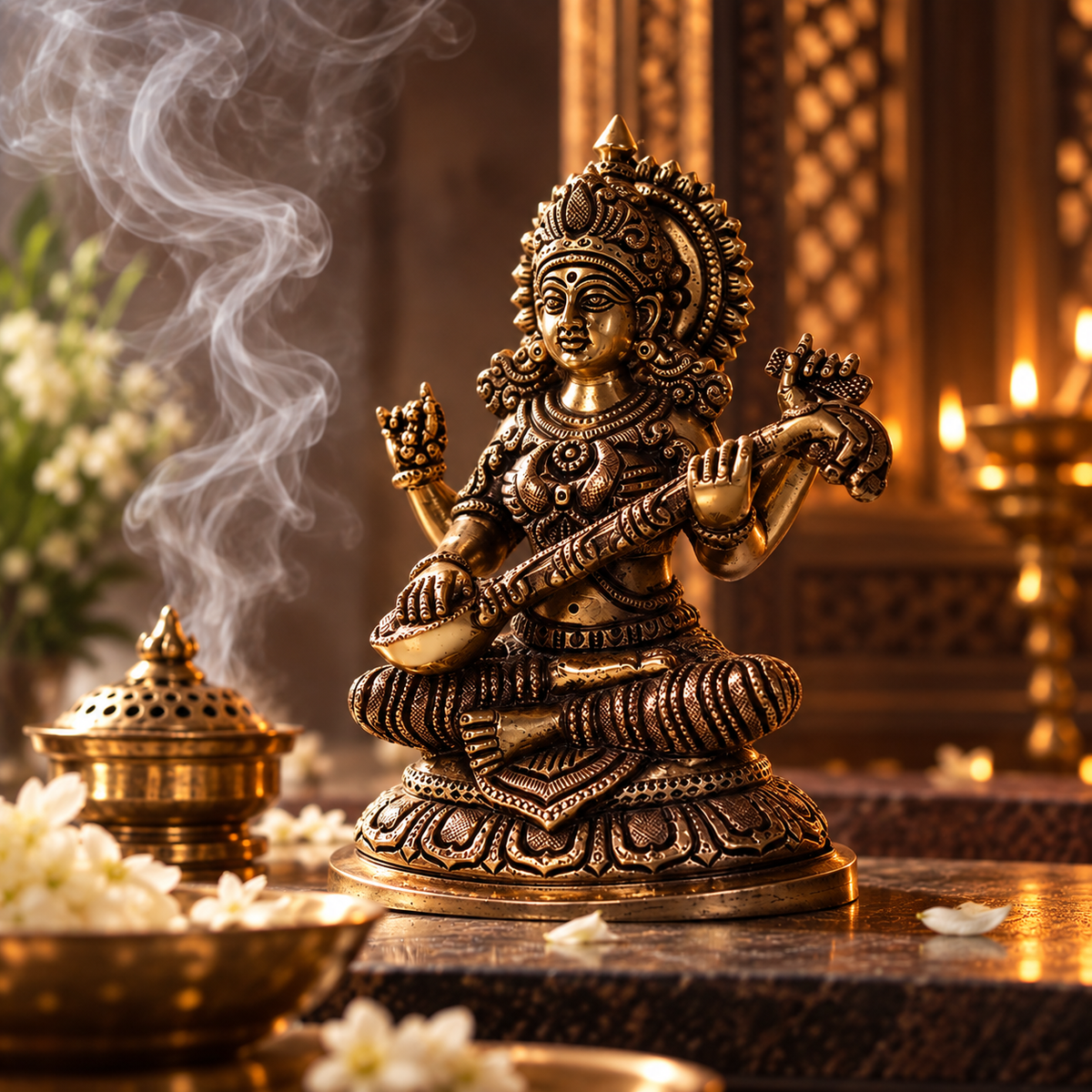 Saraswati Idol - Oval Base in Brass
