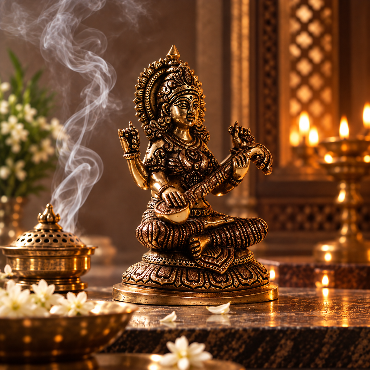 Saraswati Idol - Oval Base in Brass