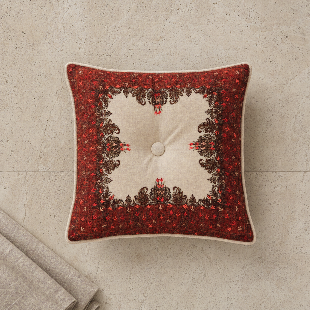 Jamawar Cushion - Tufted Center Button