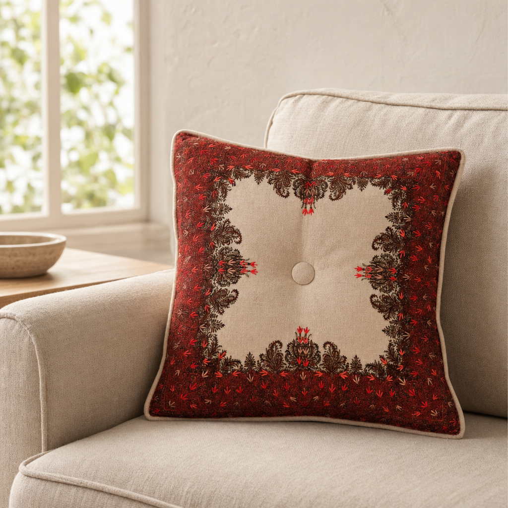 Jamawar Cushion - Tufted Center Button