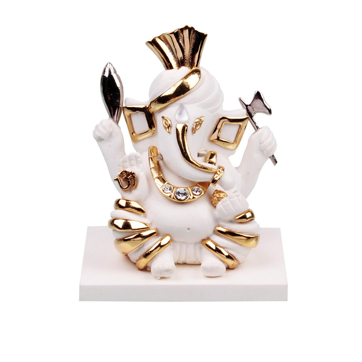 Gajavakra Ganesha Idol - White in Resin and Gold Plated