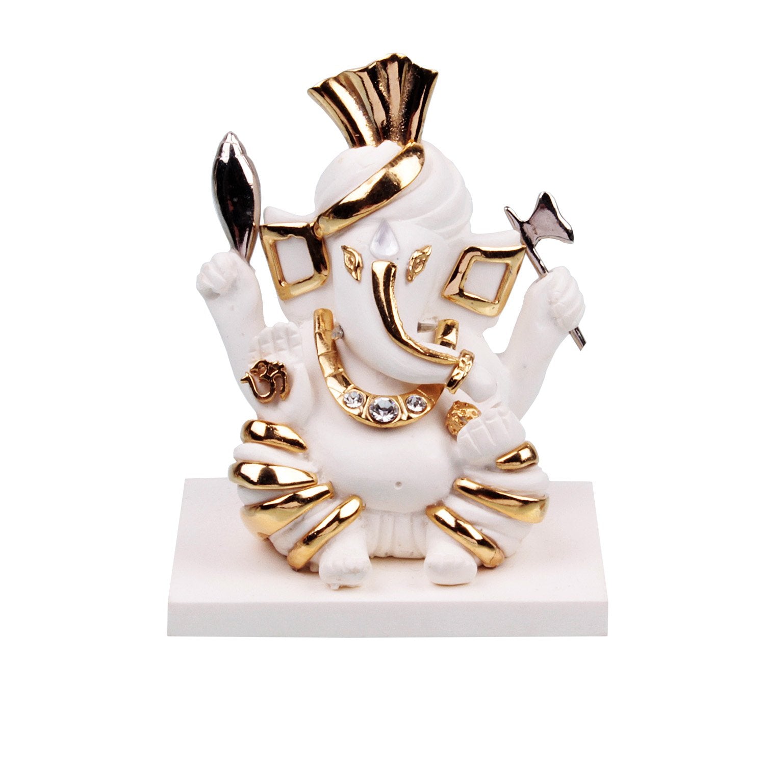 Gajavakra Ganesha Idol - White in Resin and Gold Plated