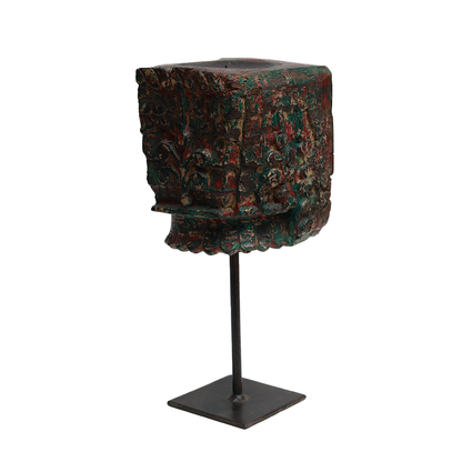 Nalanda Carved  Candle Stand - Wood and Metal