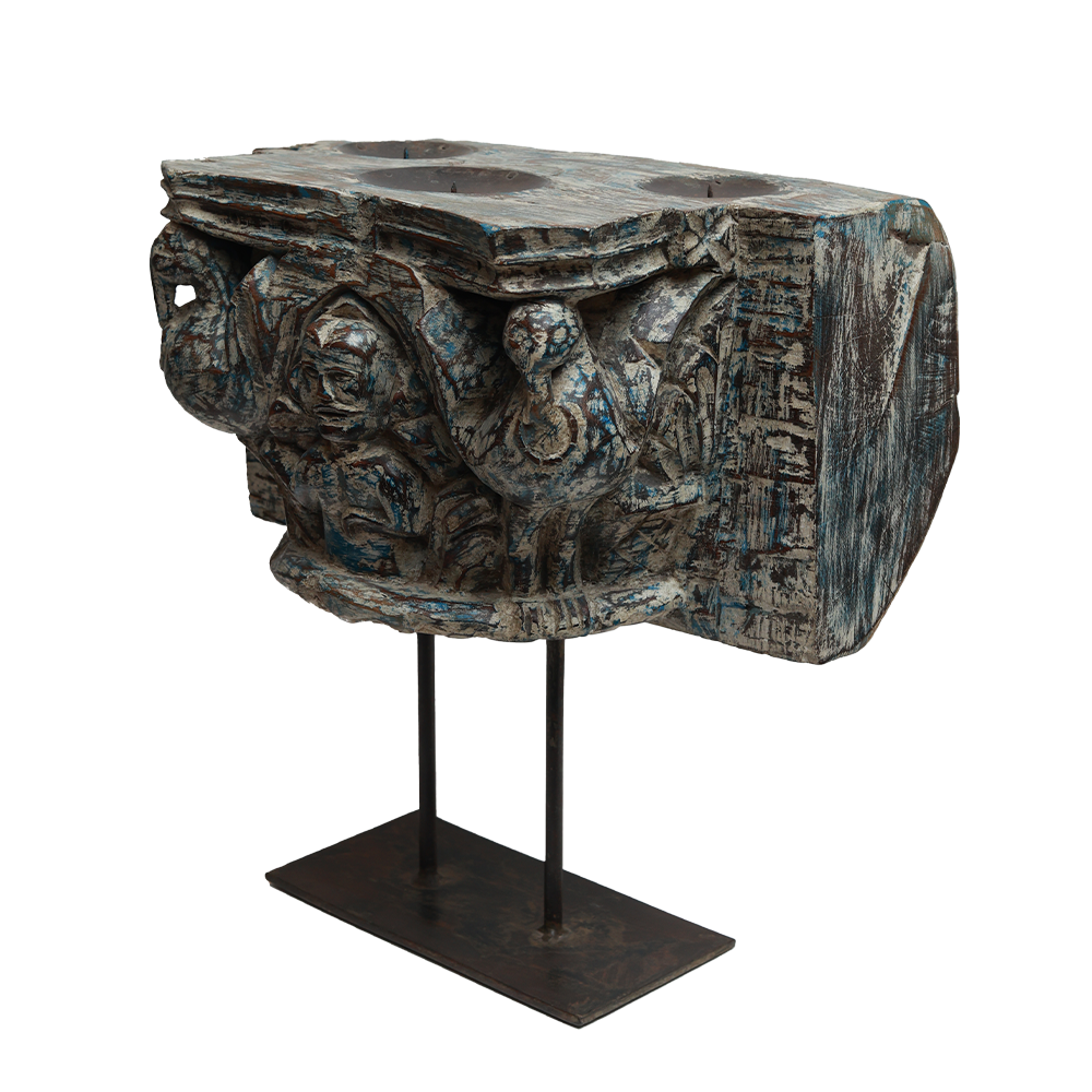 Nalanda Carved  Candle Stand - Wood and Metal