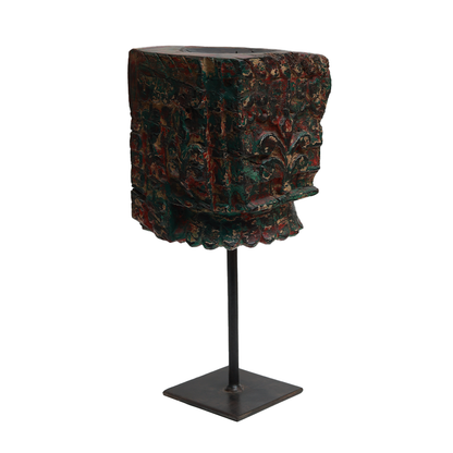 Nalanda Carved  Candle Stand - Wood and Metal