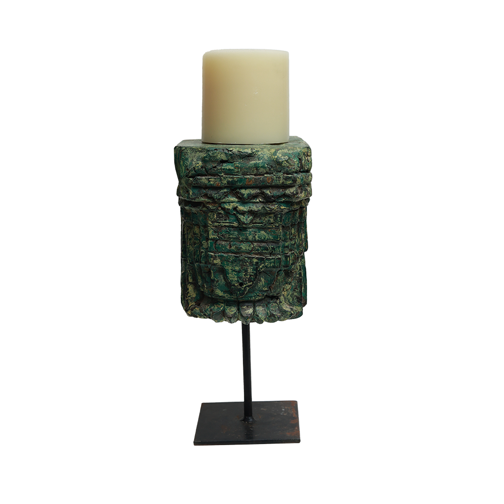 Nalanda Carved  Candle Stand - Wood  and Metal