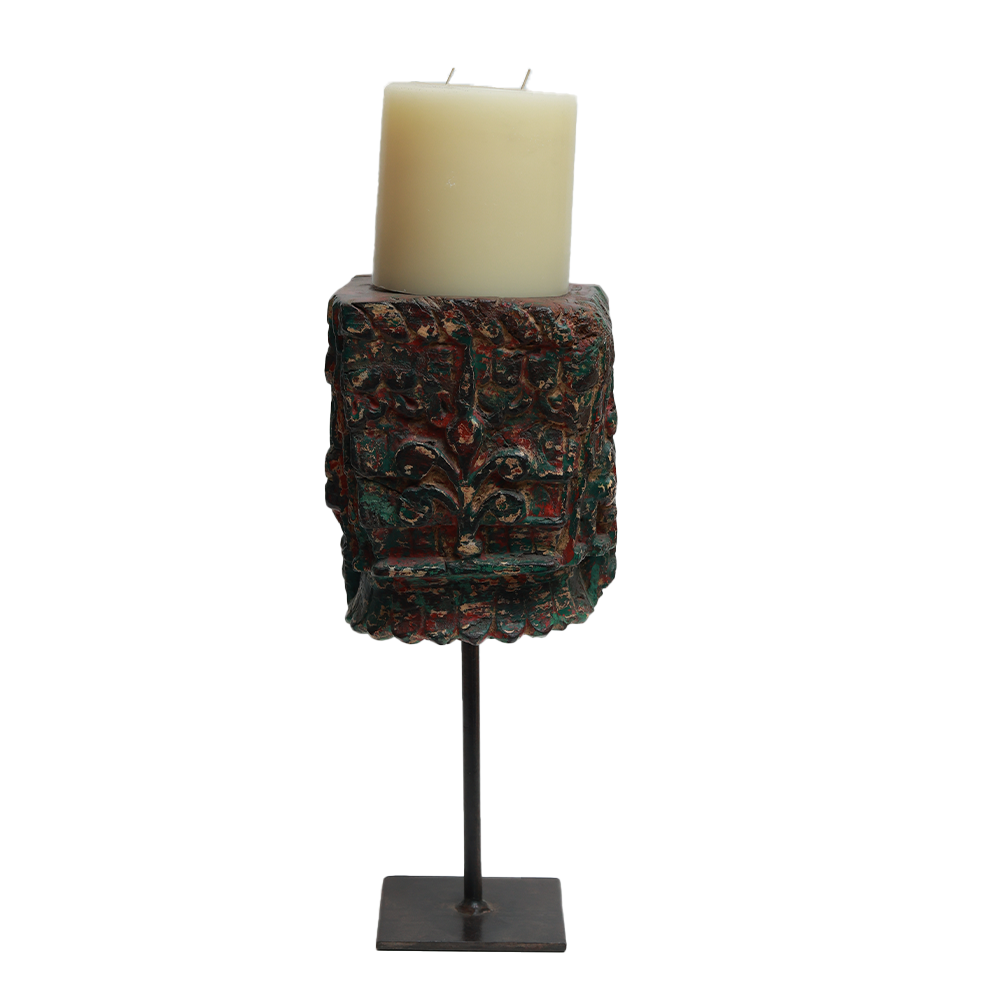 Nalanda Carved  Candle Stand - Wood and Metal