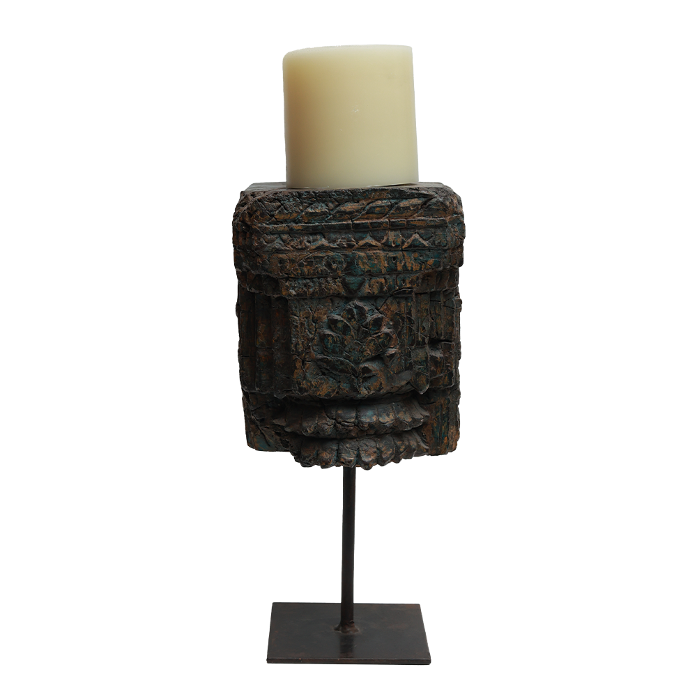 Nalanda Carved  Candle Stand - Wood and Metal