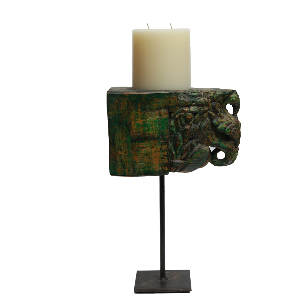 Nalanda Carved  Candle Stand - Wood and Metal