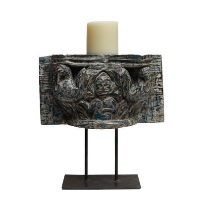 Nalanda Carved  Candle Stand - Wood and Metal
