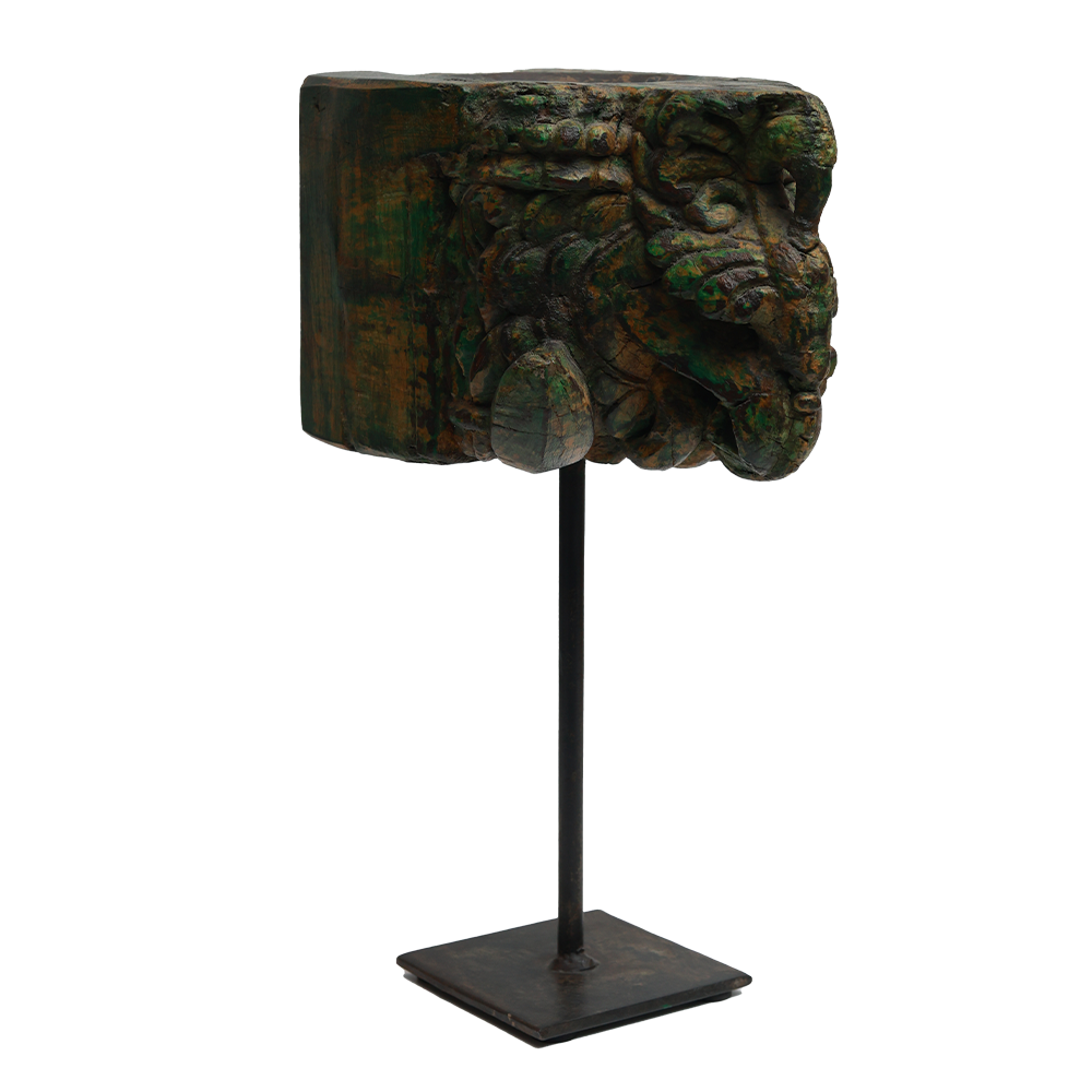 Nalanda Carved  Candle Stand - Wood and Metal