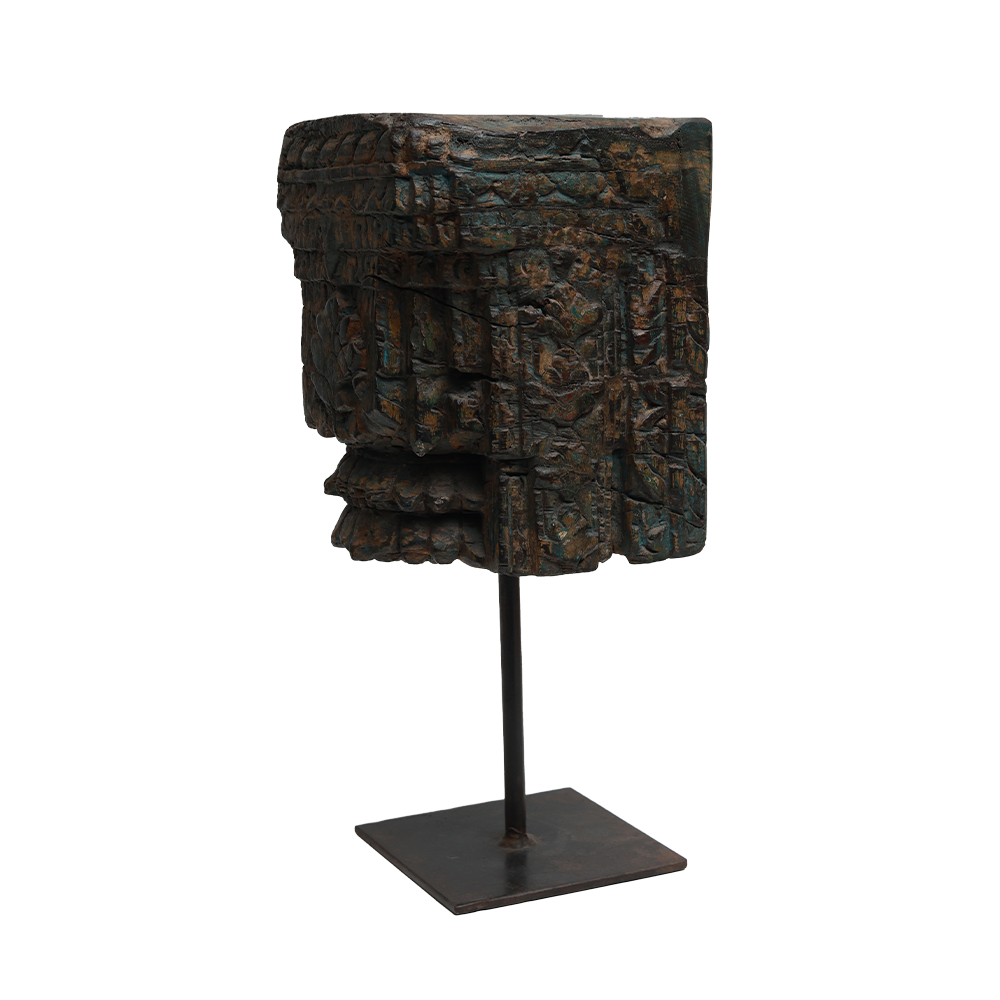 Nalanda Carved  Candle Stand - Wood and Metal