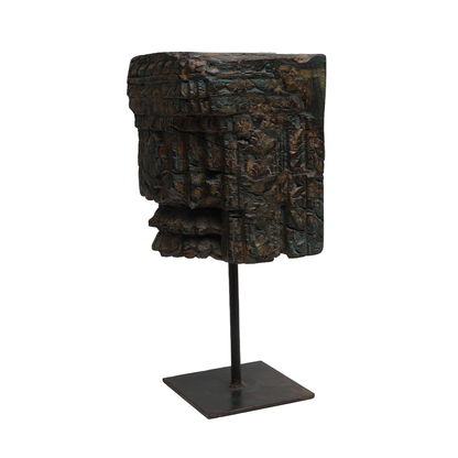 Nalanda Carved  Candle Stand - Wood and Metal