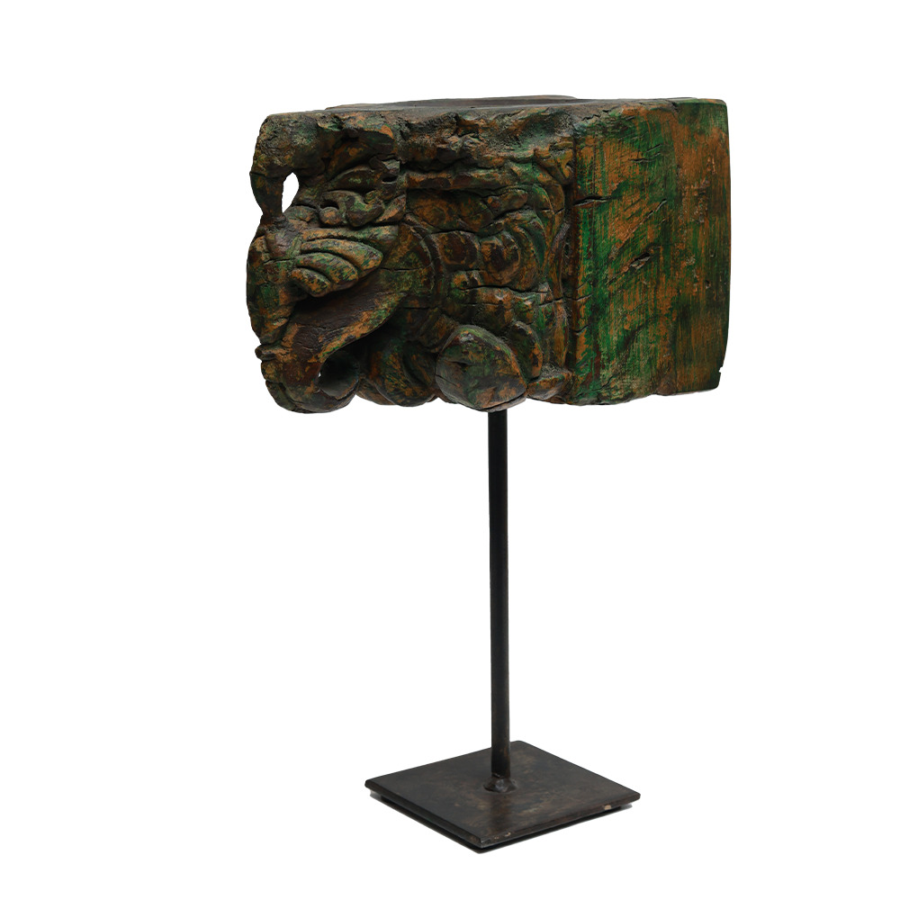 Nalanda Carved  Candle Stand - Wood and Metal