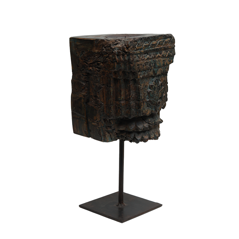 Nalanda Carved  Candle Stand - Wood and Metal