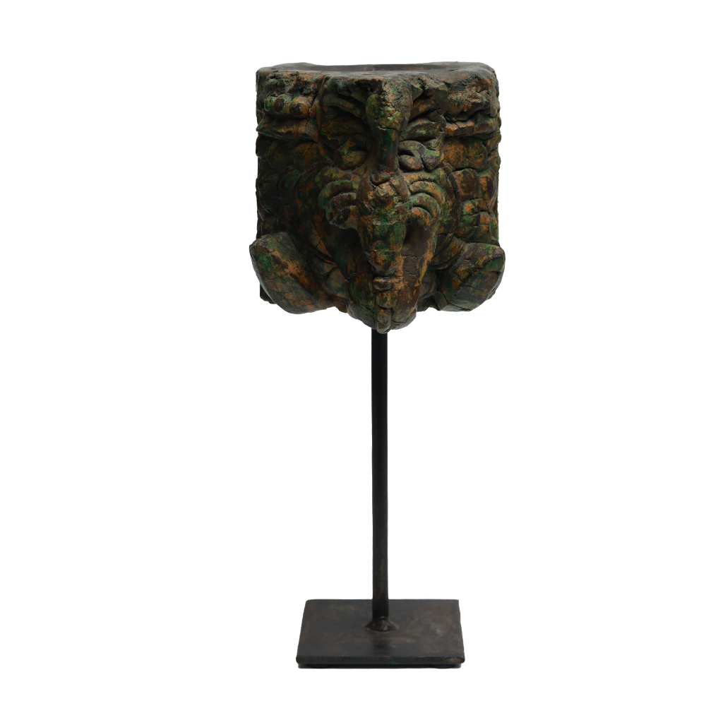 Nalanda Carved  Candle Stand - Wood and Metal