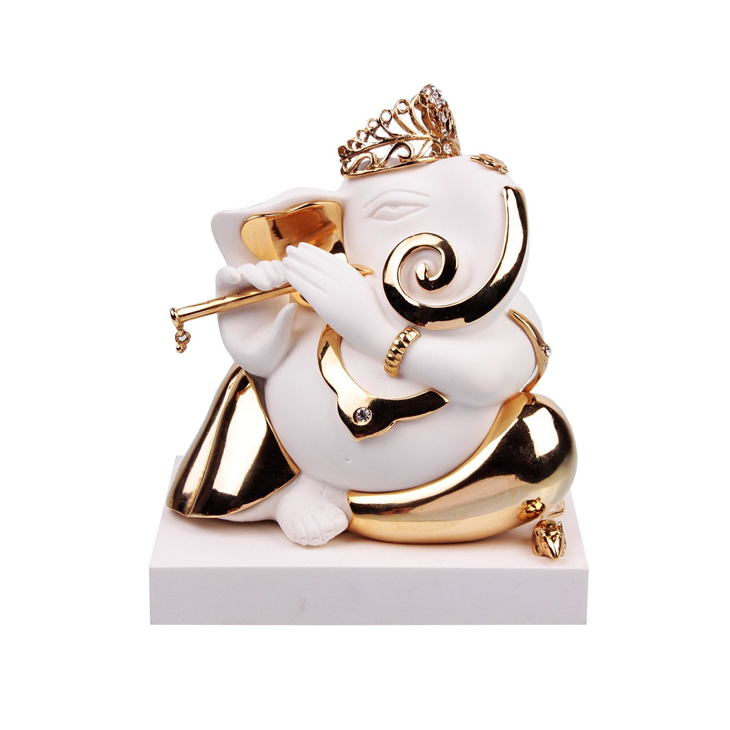 Ganpati With Bansuri Idol - White in Resin and Gold Plated