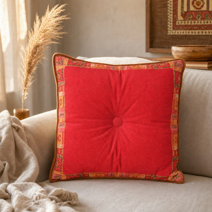 Jamawar Cushion - Tufted Center Button