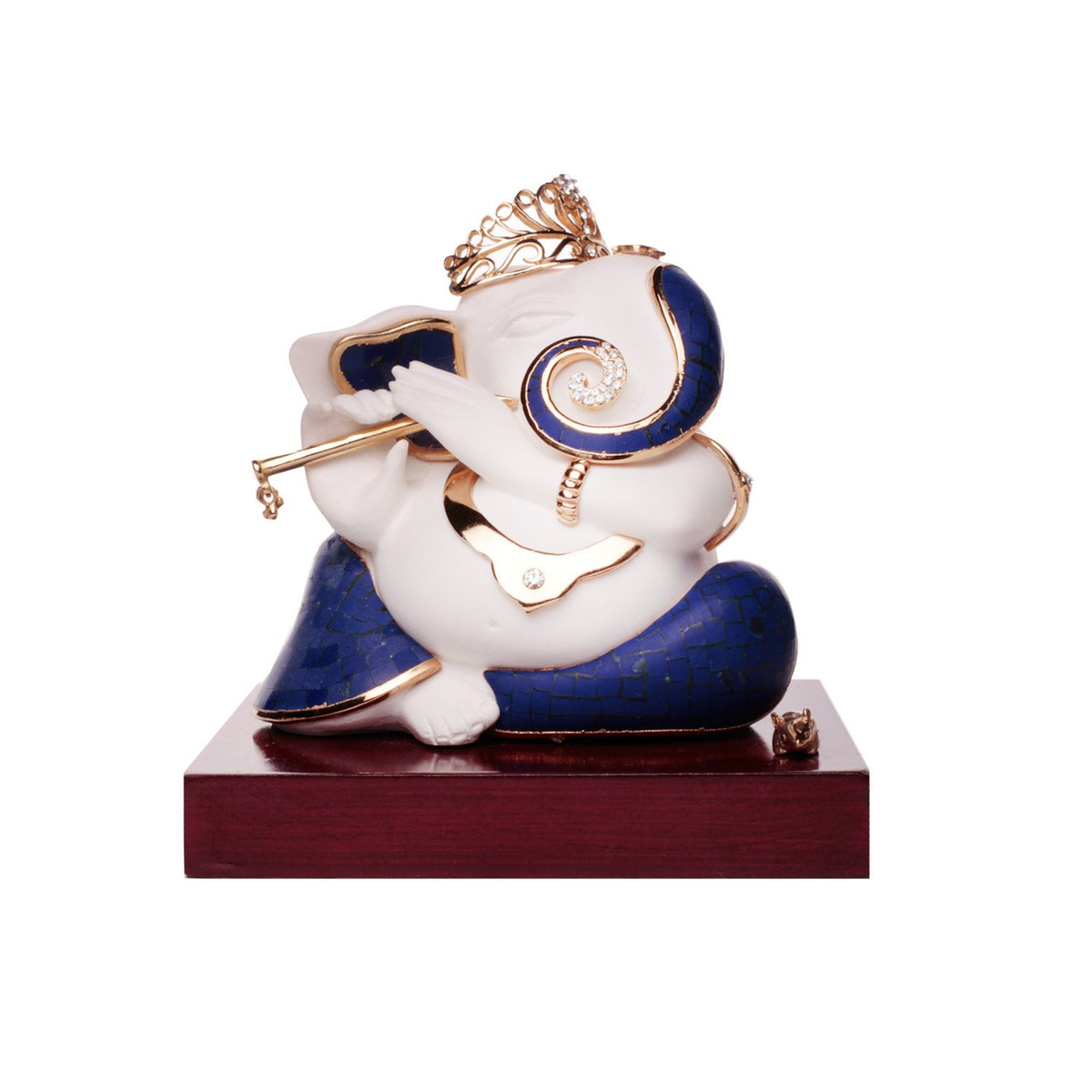 Ganesh Playing The Flute - White and Lapis Lazuli in Resin and Gold Plated